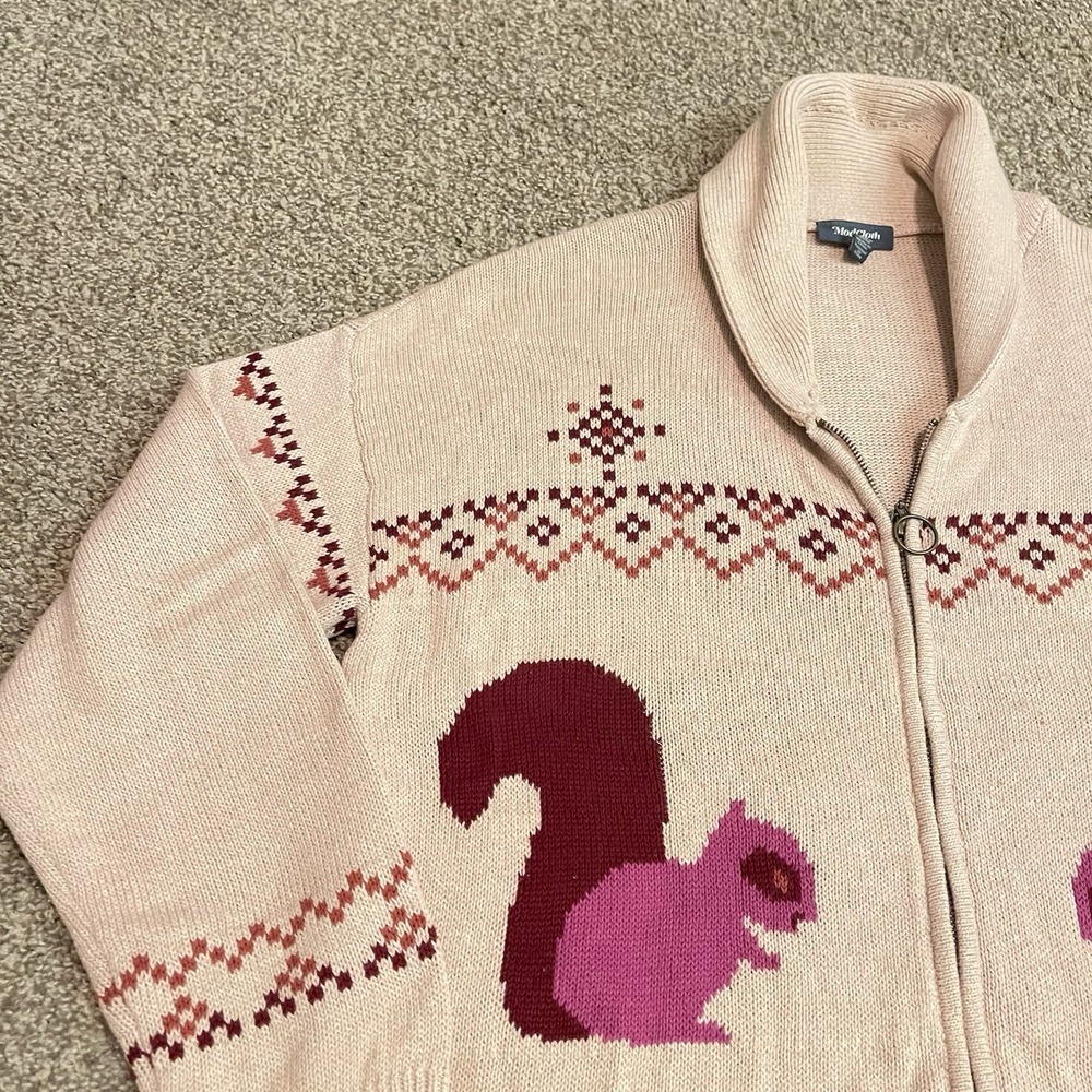 ModCloth Squirrel Fair Isle Full Zip Shawl Collar Cardigan Sweater Women's Large - Picture 7 of 11